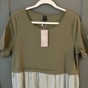 Emery  Rose Olive and White Striped Short Sleeve Dress Size Large New